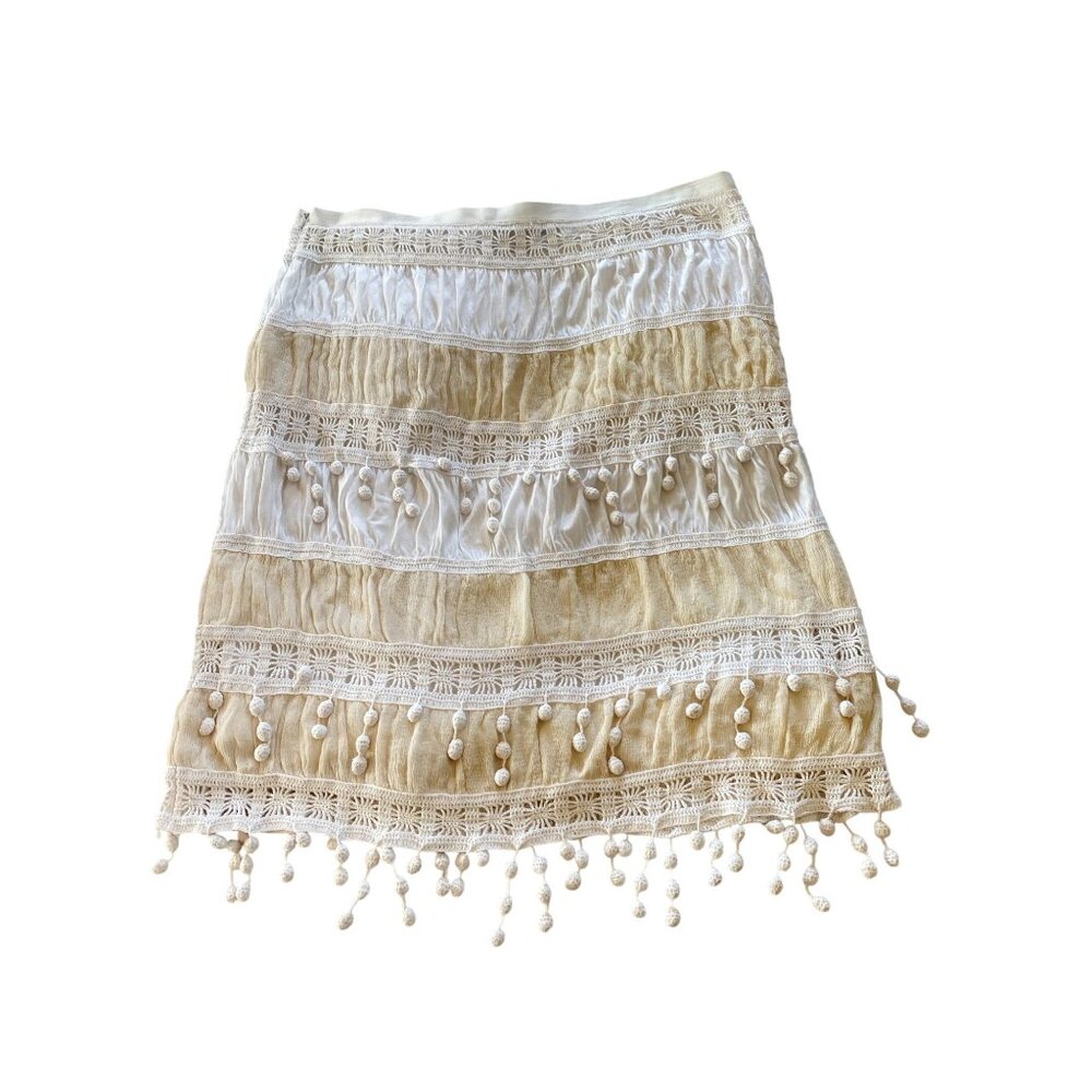 Trina Turk Skirt w/ Pom Poms Women's 12 Ivory Beige Cotton Silk Lined - Picture 7 of 15